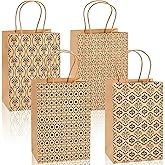 Elsjoy 100 Pack 4 Styles 5" x 8" Small Kraft Paper Gift Bags with Handles, Brown Paper Party Favor Bags, Vintage Paper Goodie Bags for Wedding, Birthday