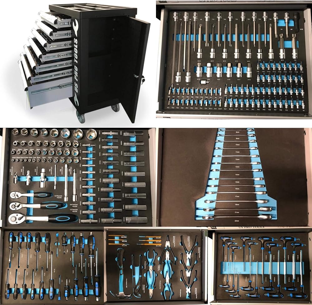 US PRO 7 Drawer Roller Tool Box Cabinet with Full Tool Set Grey/Black