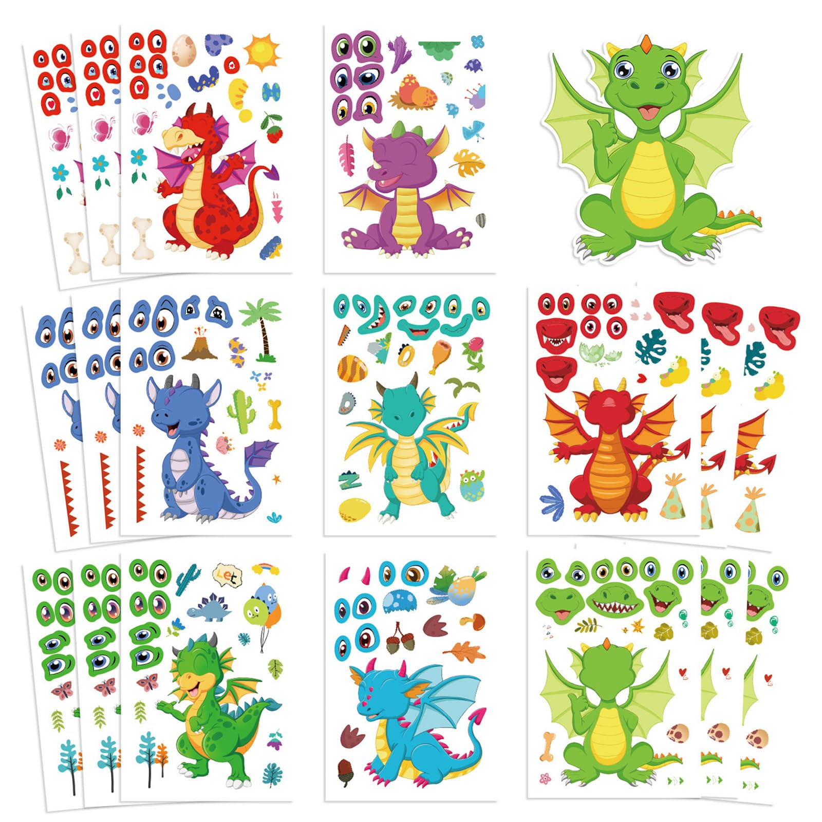Photo 1 of 16 Sheet Cartoon Dragon Stickers Make Your Own Dragon Sticker for Teens, DIY Make-a-face Sticker Teens Adult Dragons Birthday Party Decorations,Dragons Craft Birthday Party Favor Supplies (Dragon)