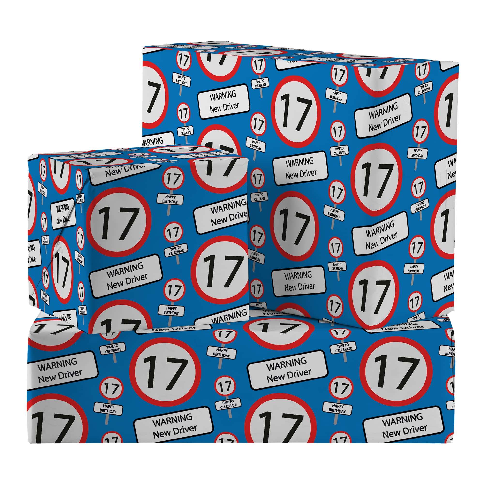 Hunts England - 2 Sheets Of Funny 17th Birthday Luxury Wrapping Paper - Blue - Includes 2 Gift Tags - Age 17 Folded Gift Wrap For Him/Her - Road Sign Collection - Age Seventeen Gift Wrap