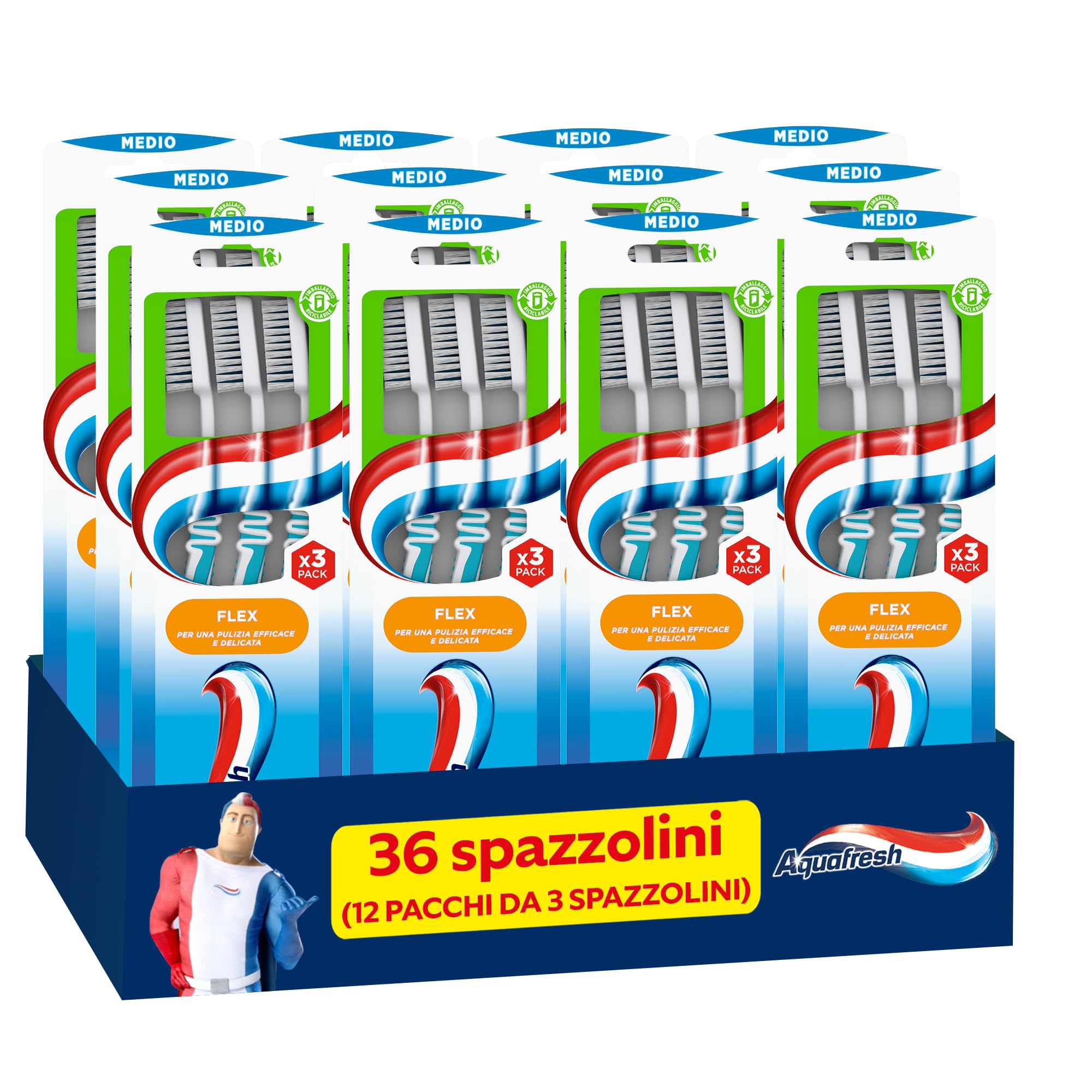 Aquafresh Interdental Flex Tris Toothbrush, Medium Bristles, 12 Pack, Blue, for Healthy Gums