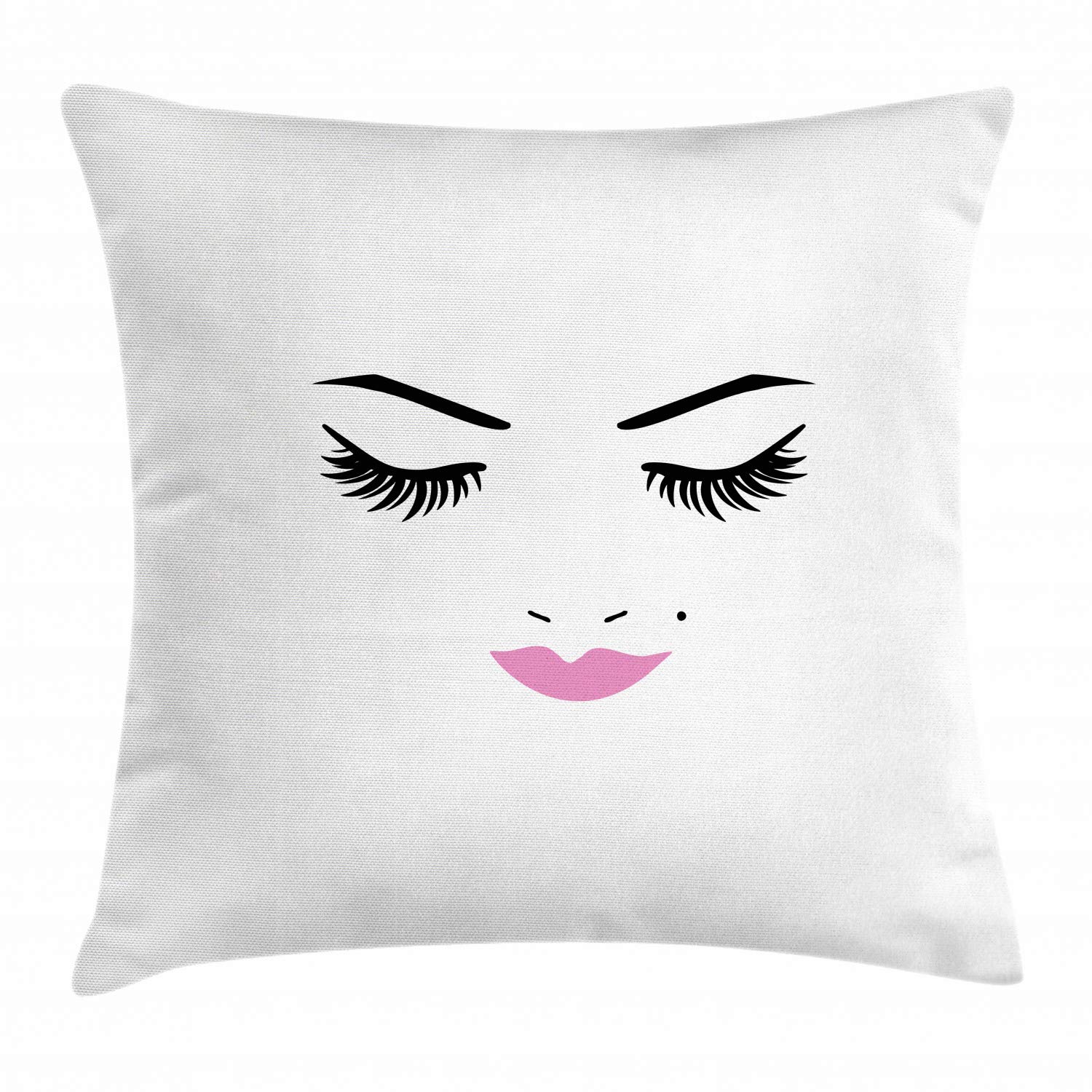 Ambesonne Eyelash Throw Pillow Cushion Cover, Closed Eyes Pink Lipstick Glamor Makeup Cosmetics Beauty Feminine Design, Decorative Square Accent Pillow Case, 18 X 18 Inches, Fuchsia Black White