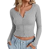 Oakgarden Women's Cropped Cardigan Cotton Long Sleeve Ribbed Y2k Button Down Shirt Scoop Neck Slim Fit Fall Top