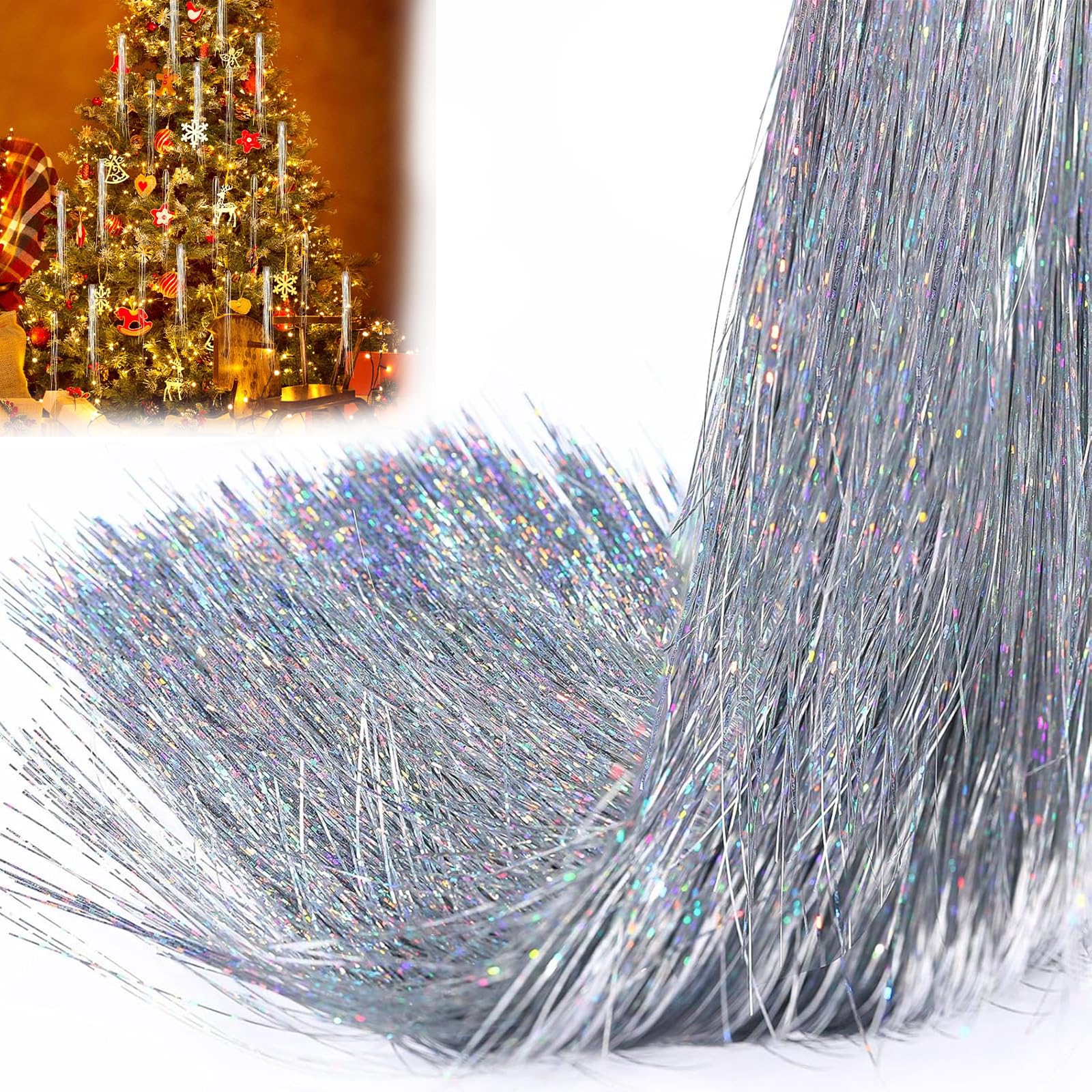 PXDUCN Christmas Tinsel, 3000 Strands Christmas Decor Tinsel Icicles, 50cm/19.7in Aluminum Foil Tassel Extra Long Tinsel, for Christmas Decorations, Christmas Tree Decorations (Laser Silver)