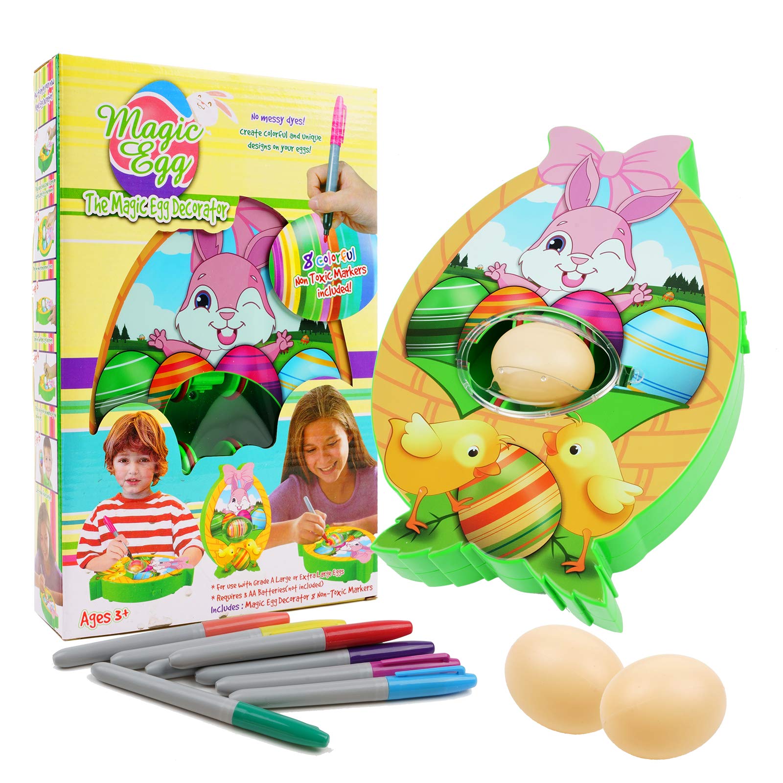 FINGOOO Easter Egg Decorating Kit, Egg Decorating Machine Egg Spinner with 3 Eggs& 8 Markers, Easter Gift for Kids