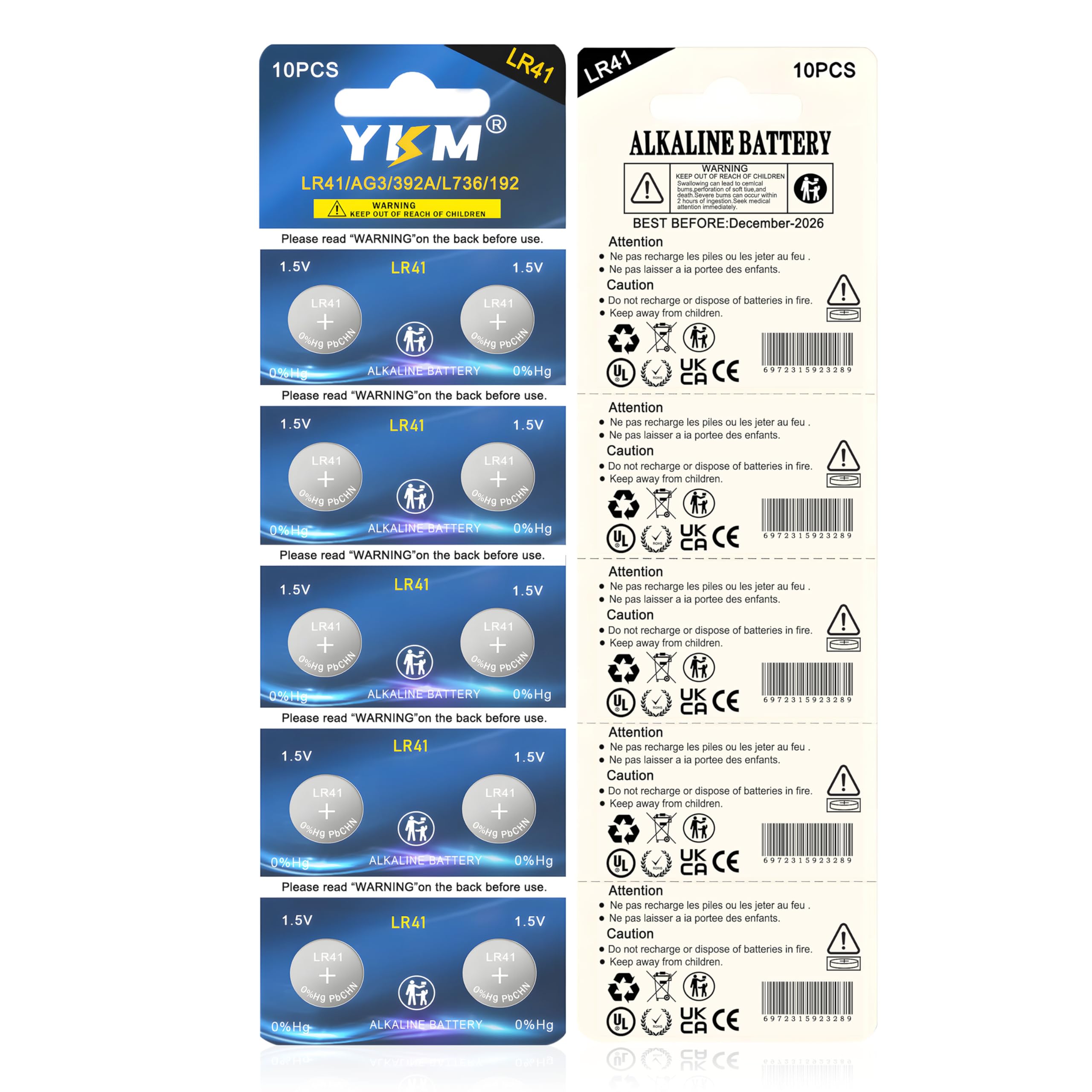 YKM LR41 Button Batteries AG3 L736f L736c L736 392 192 1.5V Alkaline Batteries for Thermometer Watch Battery 10 Pack