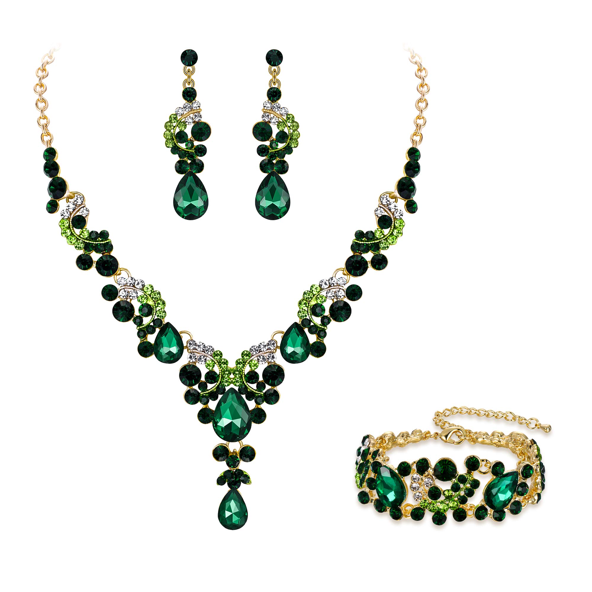 Ever Faith Wedding Jewellery Set for Women, Sparkly Rhinestone Crystal Vintage Floral Teardrop Brides Bridal Necklace Earrings Bracelet Sets Prom Party Costume Jewelry 3 Pcs Green Gold-Tone