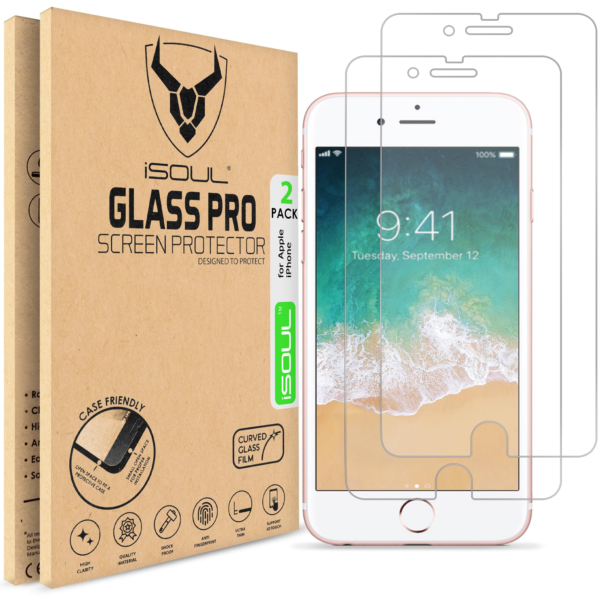 iSOUL Screen Protector for iPhone 8 and iPhone 7, iPhone 6s, iPhone SE 2020, 4.7-Inch, Case Friendly, Tempered Glass Film, 2-Pack