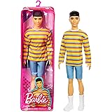 Barbie Ken Fashionistas Doll #175 with Sculpted Brunette Hair Wearing a Long-Sleeve Colorful Striped Shirt, Denim Shorts, Whi