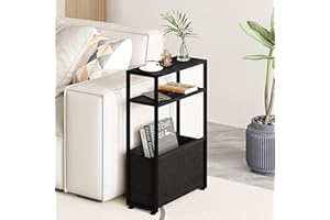 Leomonio Black Slim Side Table with Magazine Rack, Small Space-Friendly, Narrow Bedside Table for Living Room, Bedroom