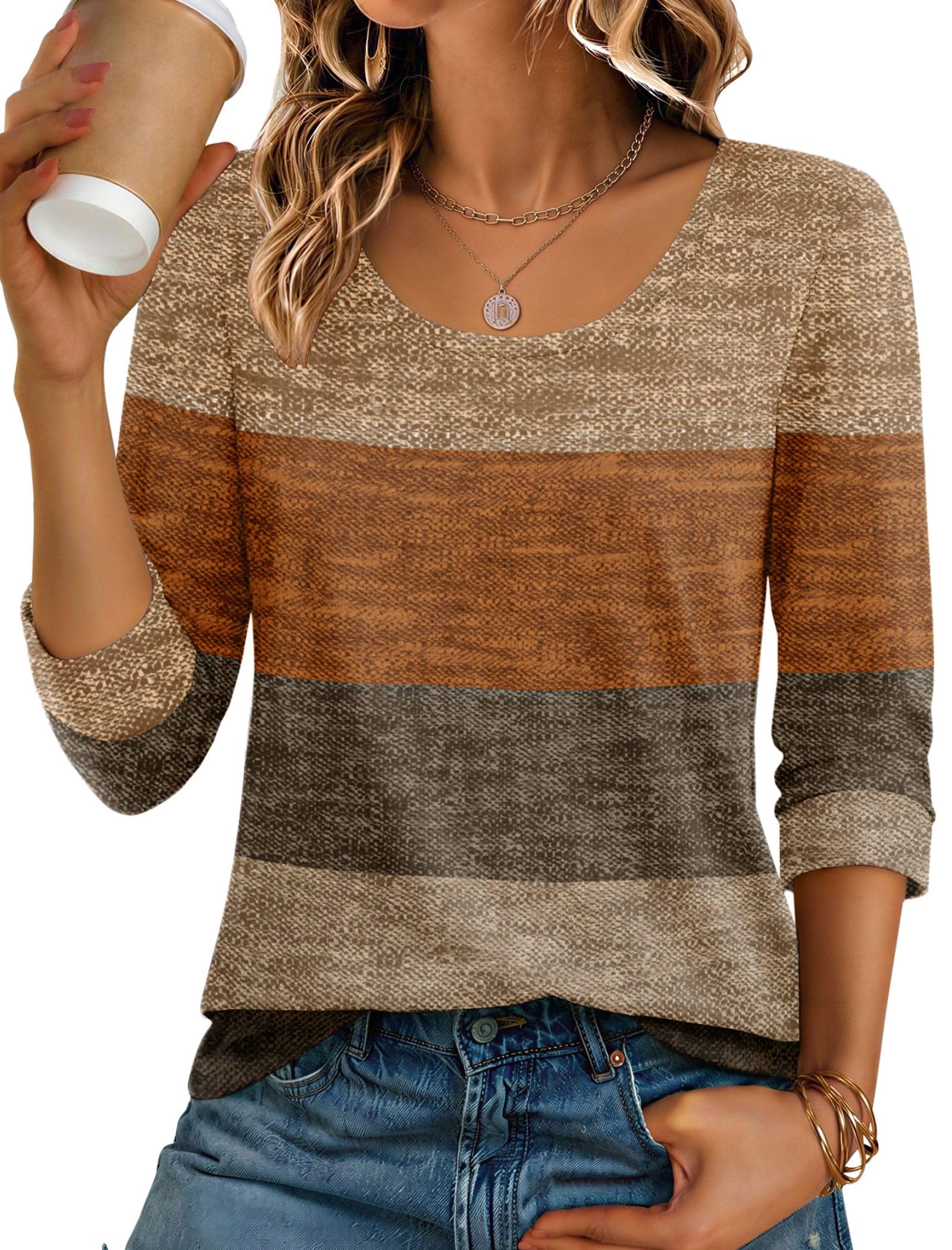 Ekouaer 3/4 Sleeve Womens Tops Scoop Neck T Shirts 2026 Casual Basic Tees | Casual Tops,Cute Basic Tops Vacation Outfits,Comf