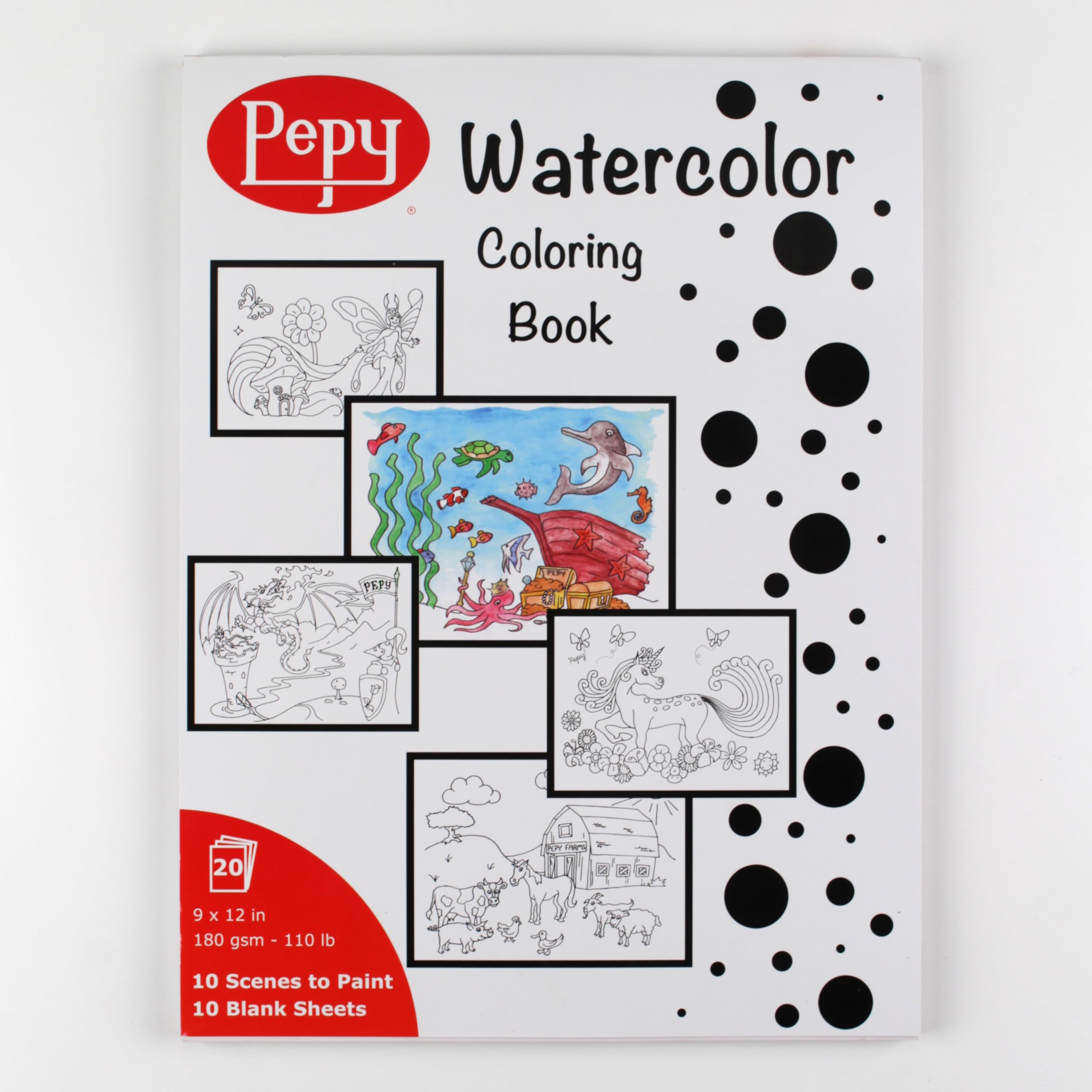 Pepy Watercolor Coloring Book 20 Sheets Total with 10 Plain and 10 Pre-Printed Design Sheets; 9 inches by 12 inches