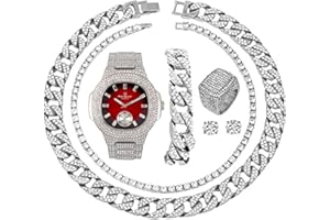 CHARLES RAYMOND Fully Iced Mens Big Rocks Bezel Color Dial with Roman Numerals, Cuban Chain Bracelet, Cuban Necklace, Tennis Chain & Ring - ST10327CRNT