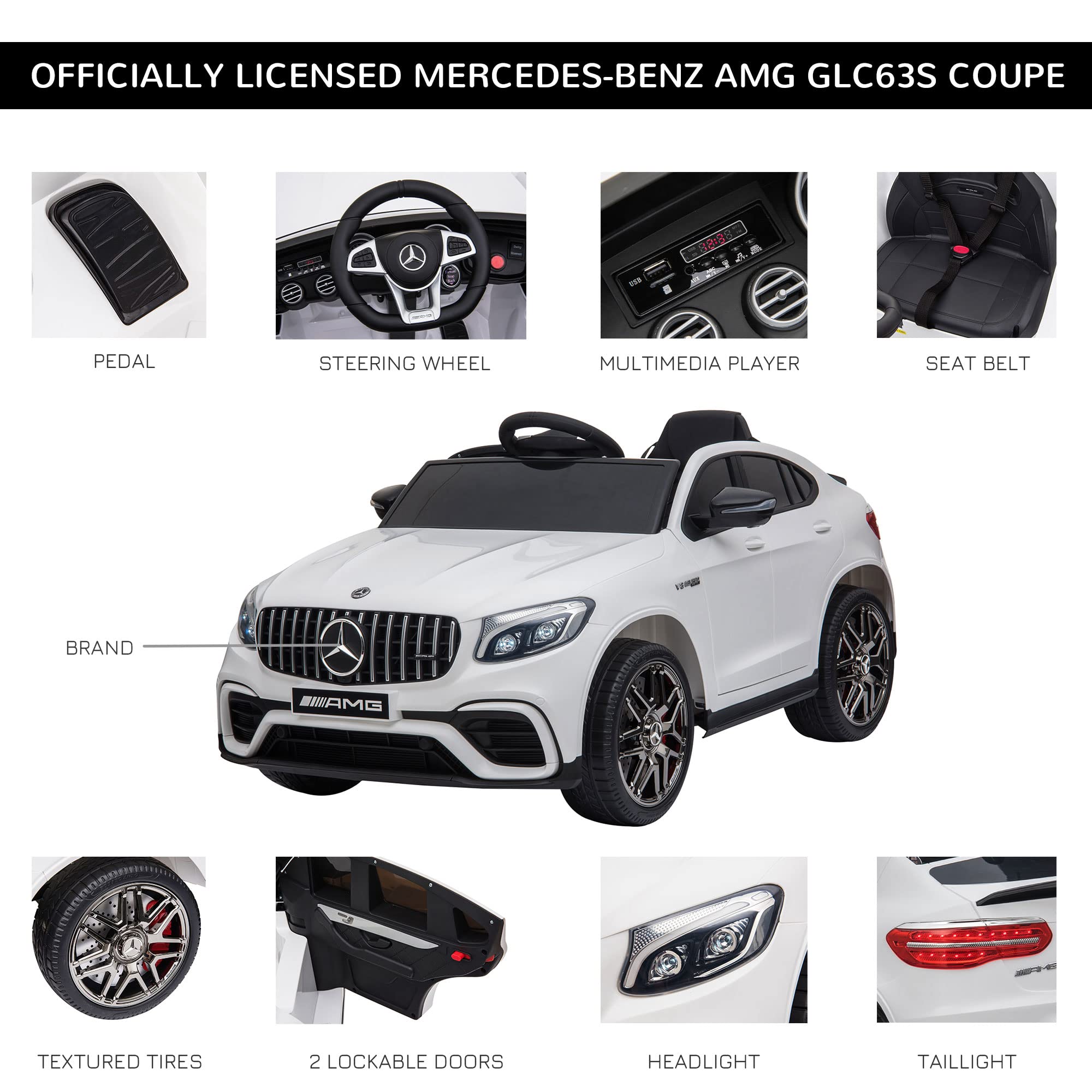 Aosom 12V Toddler Ride On Car with Remote Control, Mercedes Benz AMG GLC63S Coupe, Electric Car with 2 Speed, MP3 Player, Light, Horn, Songs, Suspension, White