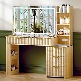 GRUTEUNIT 51" Vanity Desk with Power Outlet, Makeup Vanity with Mirror and Lights, 3 Lighting Modes, Vanity Table with Glass Top, 5 Drawers, and Jewelry Storage,Oak-01