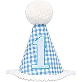 SOLUXIKA Boy/Girl 1st Birthday Hat - Boys/Girls Blue White Gingham 1st Birthday Party Decorations,One Party Hat Photo Props