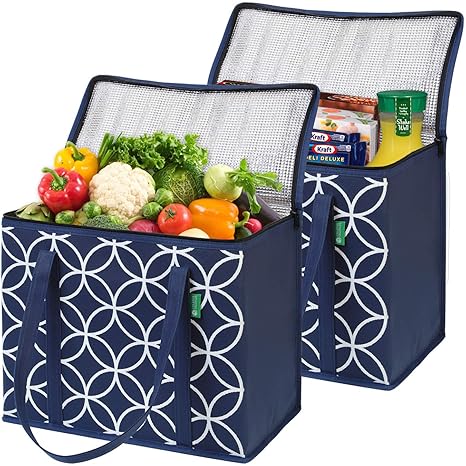 Xl Insulated Reusable Grocery Bag Set 2 Pack Blue Durable Premium Quality Cooler Bags With Solid Bottom And Sturdy Zipper Insulated Bag Totes