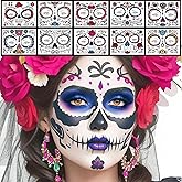 Day of the Dead Face Tattoos 10 Pack Halloween Temporary Face Tattoos Sugar Skull Face Tattoo for Adult Halloween Party