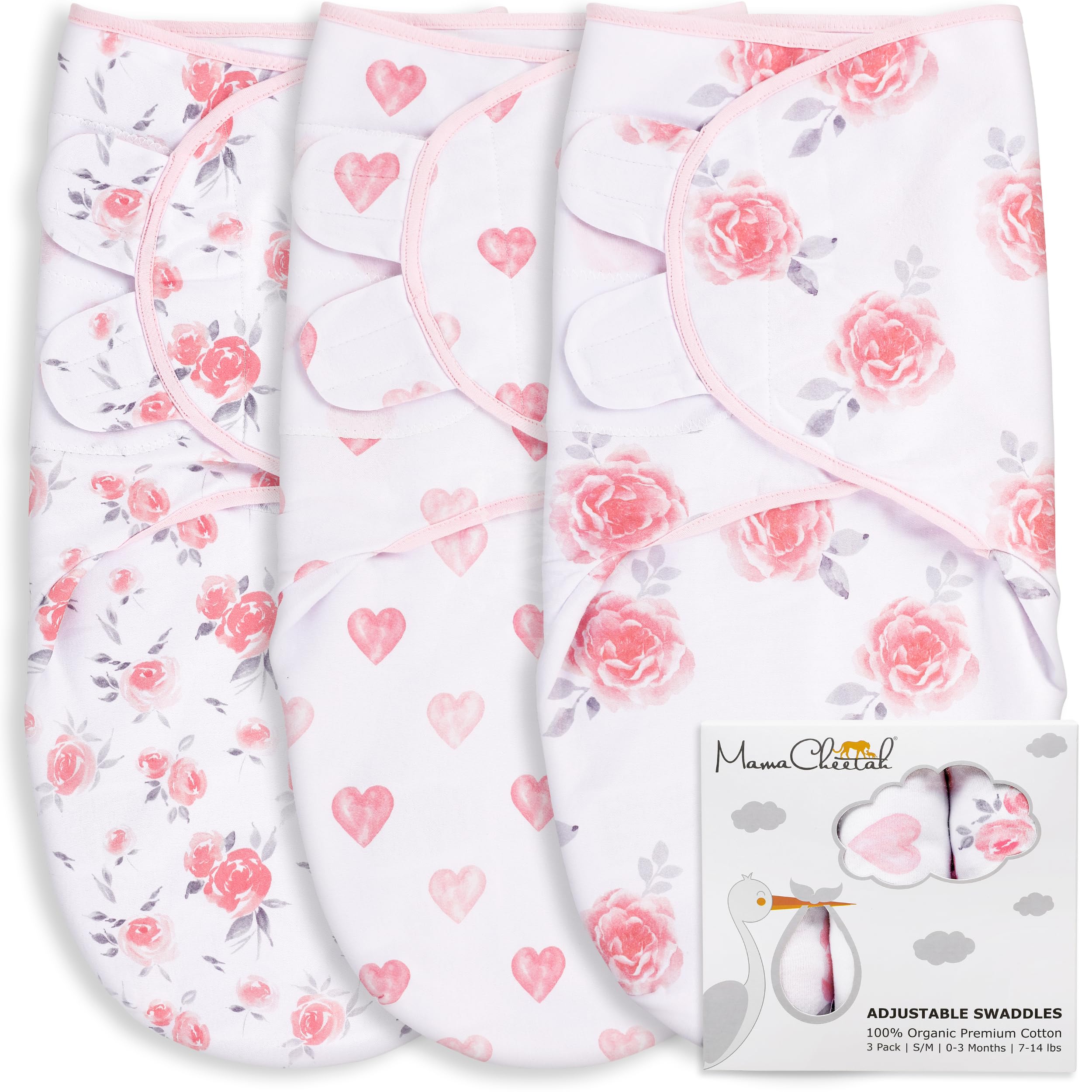 Mama Cheetah Baby Swaddle Sack, Organic Swaddle Blanket, Newborn Swaddling Sleep Sack, Adjustable Infant Blanket Wrap Girl 0-3 Month, Baby Essentials, Nursery Swaddling, 3-Pack