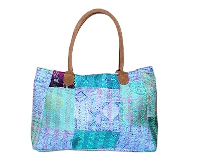 IndiWeaves Silk Kantha Work Leather Handle Handmade Beach Tote Bag, Vintage Top Handle Shoulder Bag-MultiColor