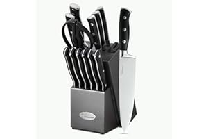 Marco Almond® Kitchen Knife Set with Block KYA31,14 Pieces Japanese Stainless Steel Cutlery Knives Block Set for Kitchen with Built-in Sharpener