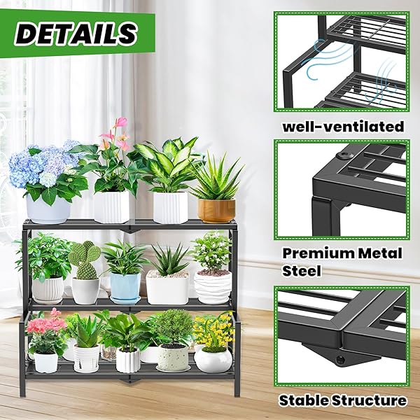 VEYFOLZIN.ST 3 TIER STAIR STYLE METAL PLANT STAND FOR INDOOR OUTDOOR, HEAVY DUTY PLANT DISPLAY SHELF FOR MULTIPLE PLANTS, GARDEN RACK FLOWER POT HOLDER FOR LIVING ROOM PATIO BALCONY
