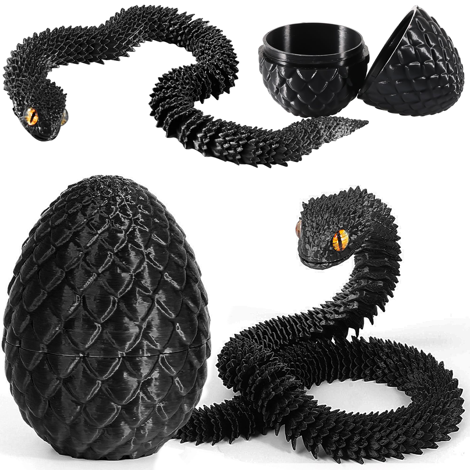 Joycabin 3D Printed Animals, 3D Printed Snake Fidget Toy, Easter 3D Printed Dragon Egg Snake Eggs, Fidget Mini Animals Toy Articular Mobility Toys for Adults and Kids Autism/ADHD (Black)