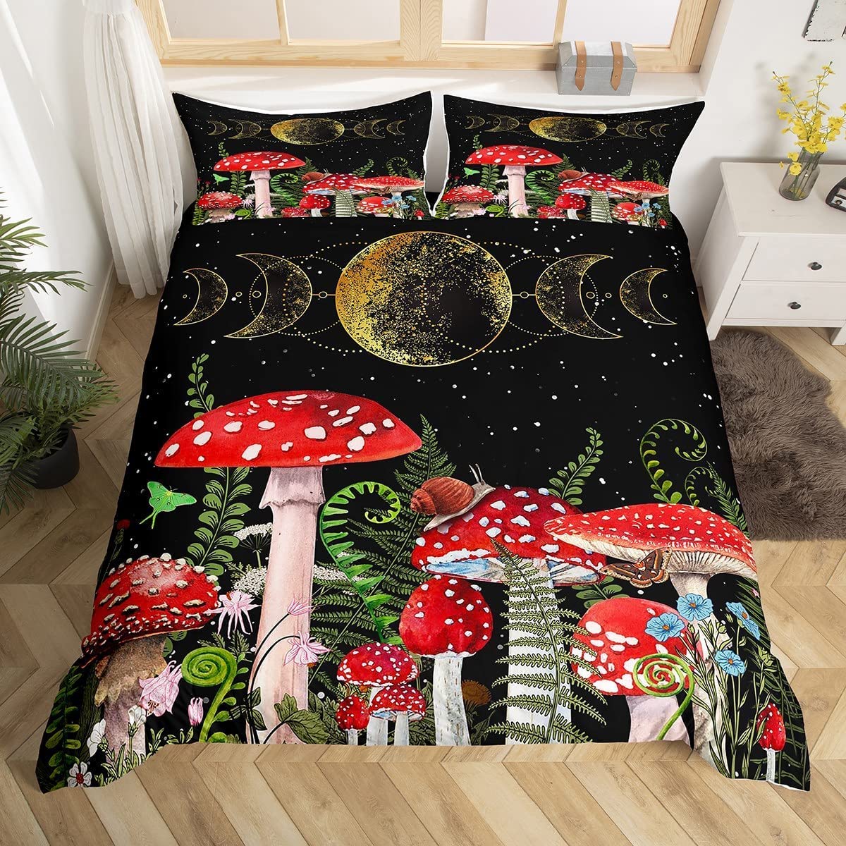 richhome Watercolor Mushroom Duvet Cover King Size Cute Snail Butterfly Flowers Bedspread with Ties for Teens Adults Starry Galaxy Gold Moon Breathable Comforter Sets 3 Pieces Decorative Bed Cover — image 1