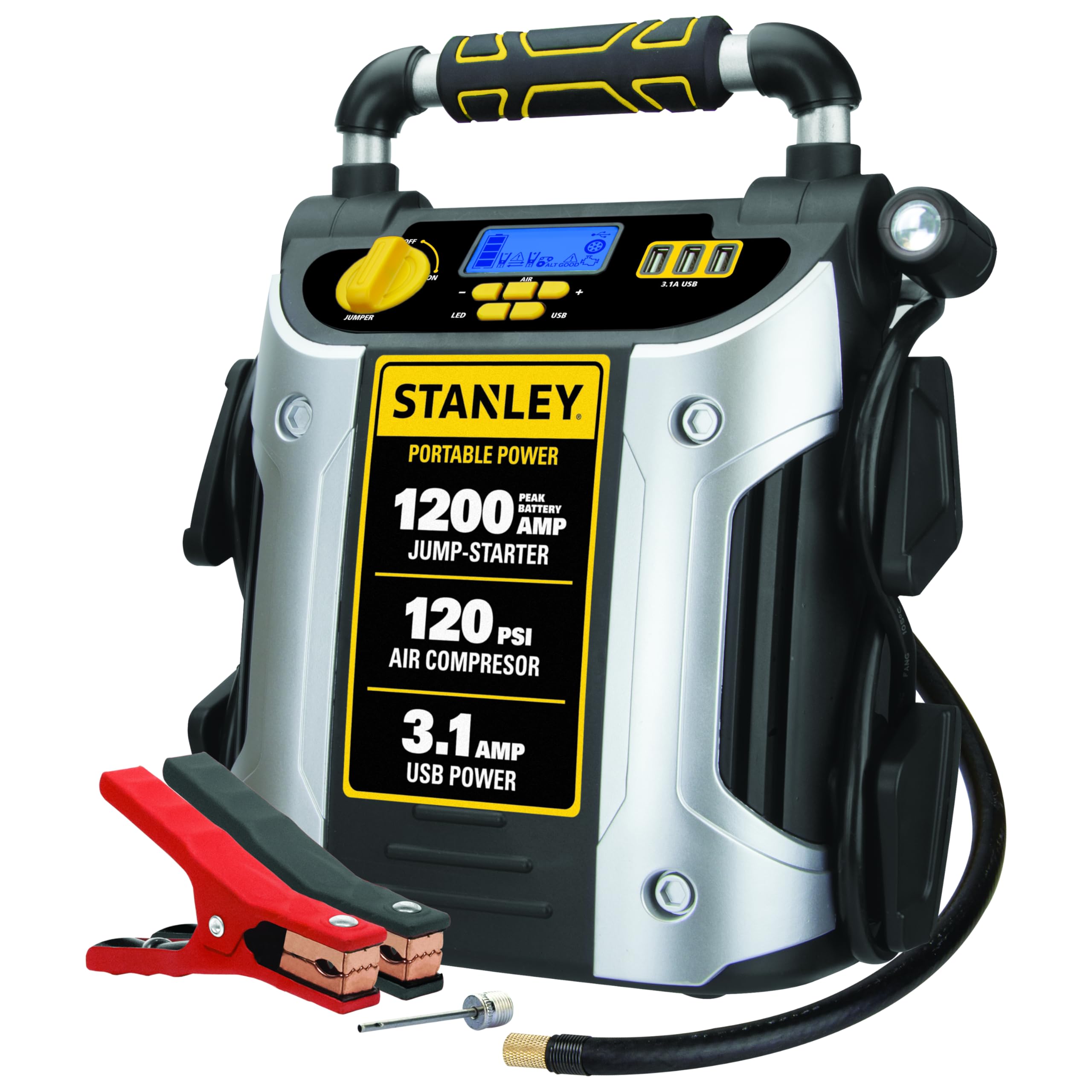 Stanley J5C09D Arrancador auxiliar automotriz de 1200 amperios pico, potencia portátil, puerto USB de 2,1 A/10 W, compresor de aire de 120 PSI
