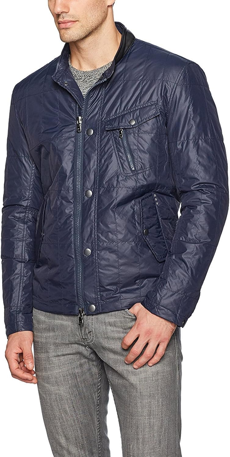 John Varvatos Men's Quilted Racer Jacket AZTD 417, Night Sky, Medium at