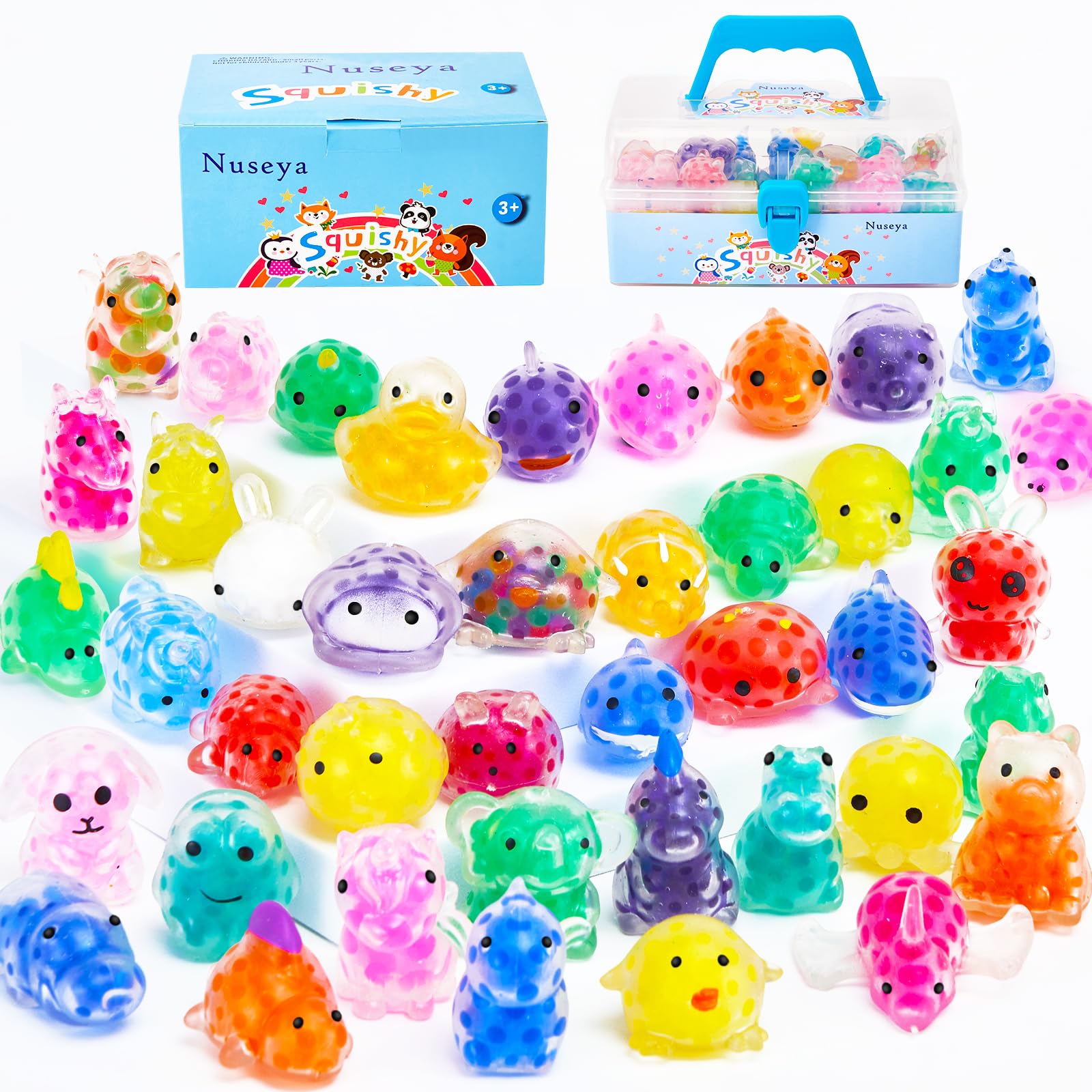 Nuseya Squishy Toys 42 Mochi Squishy Toys Soft Mini Squishies Animals Small Rewards for Party Favor Idea Party Bag Fillers with Box (No duplication)