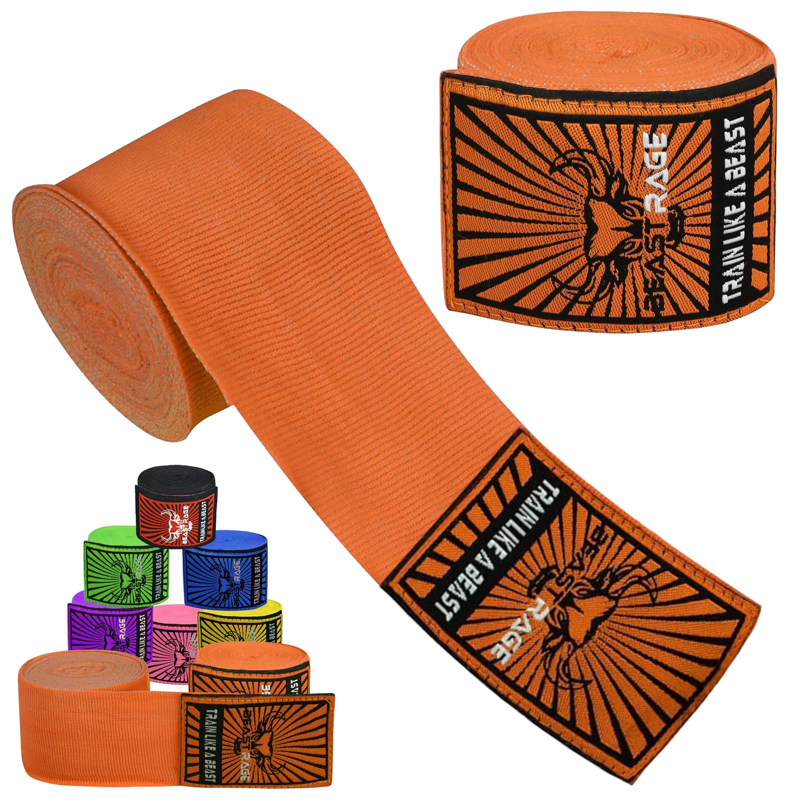 BEAST RAGE Boxing Hand Wraps Men Protection MMA Support Inner Gloves Martial Arts Training Wrapper Punching Combat Sports Muay Thai, under Mitts 4.5 Meter Elasticated Bandages (4.5 M, Orange)