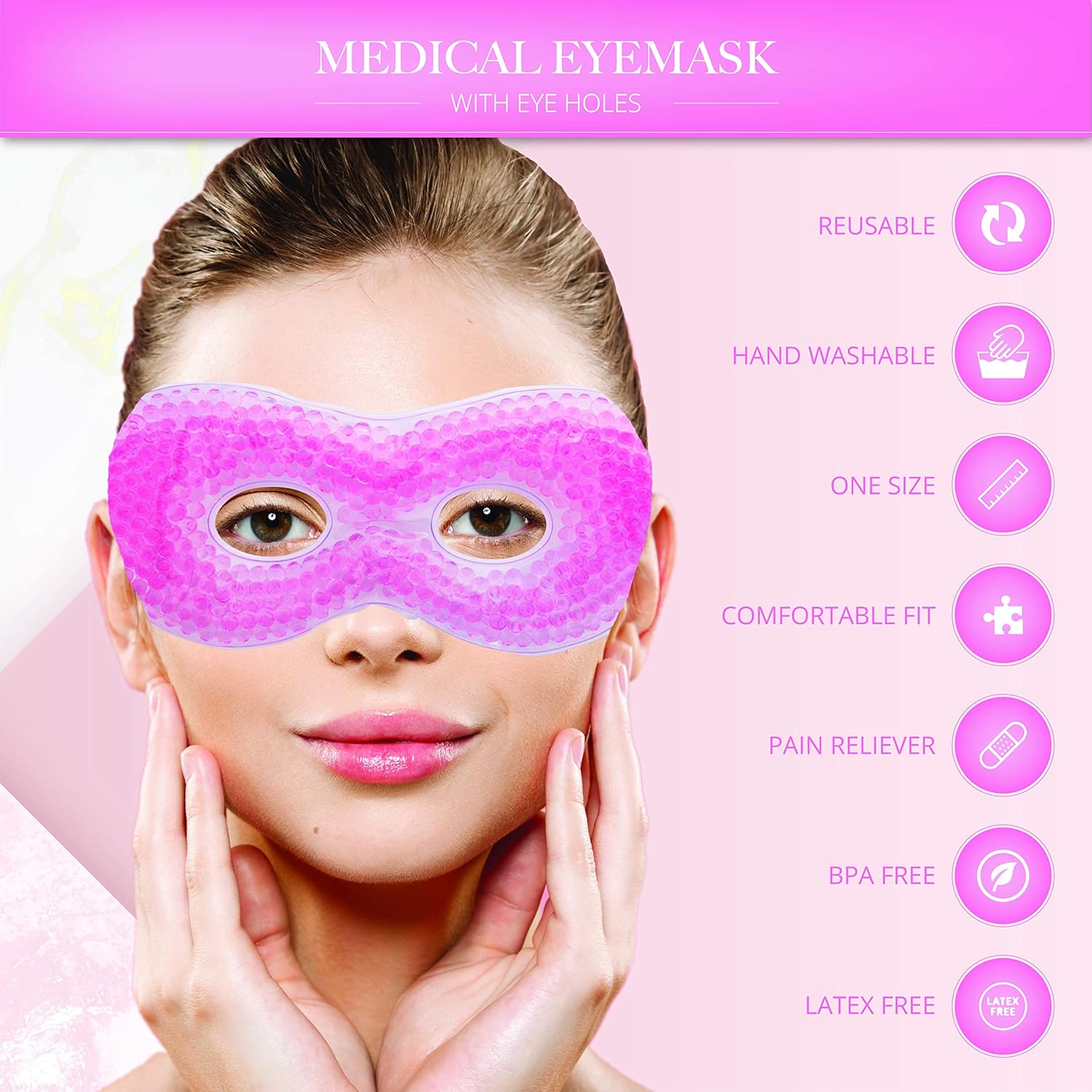Gel Eye Mask with Eye Holes- Hot Cold Compress Pack Eye Therapy | Cooling Eye Mask for Puffy Eyes, Dry Eyes, Headaches, Migraines, Dark Circles, Sinus - Reusable Eye Face Mask | Ergo Gel Bead (Pink) : Beauty