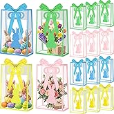 Gilprop 24 Pcs Easter Clear Plastic Gift Bags with Handles Bunny Reusable Treat Tote Goodie Bags with Ribbons for Easter Spring Birthday Party Favors Supplies Snack Candy Treat 10.2 x 7.1 x 3.2 Inch