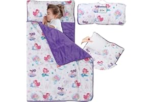 E1F1NN DOT Toddler Nap Mat with Detachable Pillow & Blanket - Soft Plush Minky Fleece Kids Sleeping Bag for Daycare, Preschool & Travel - Portable Roll-Up Design with Carry Handle - Boys Girls Ages 3+