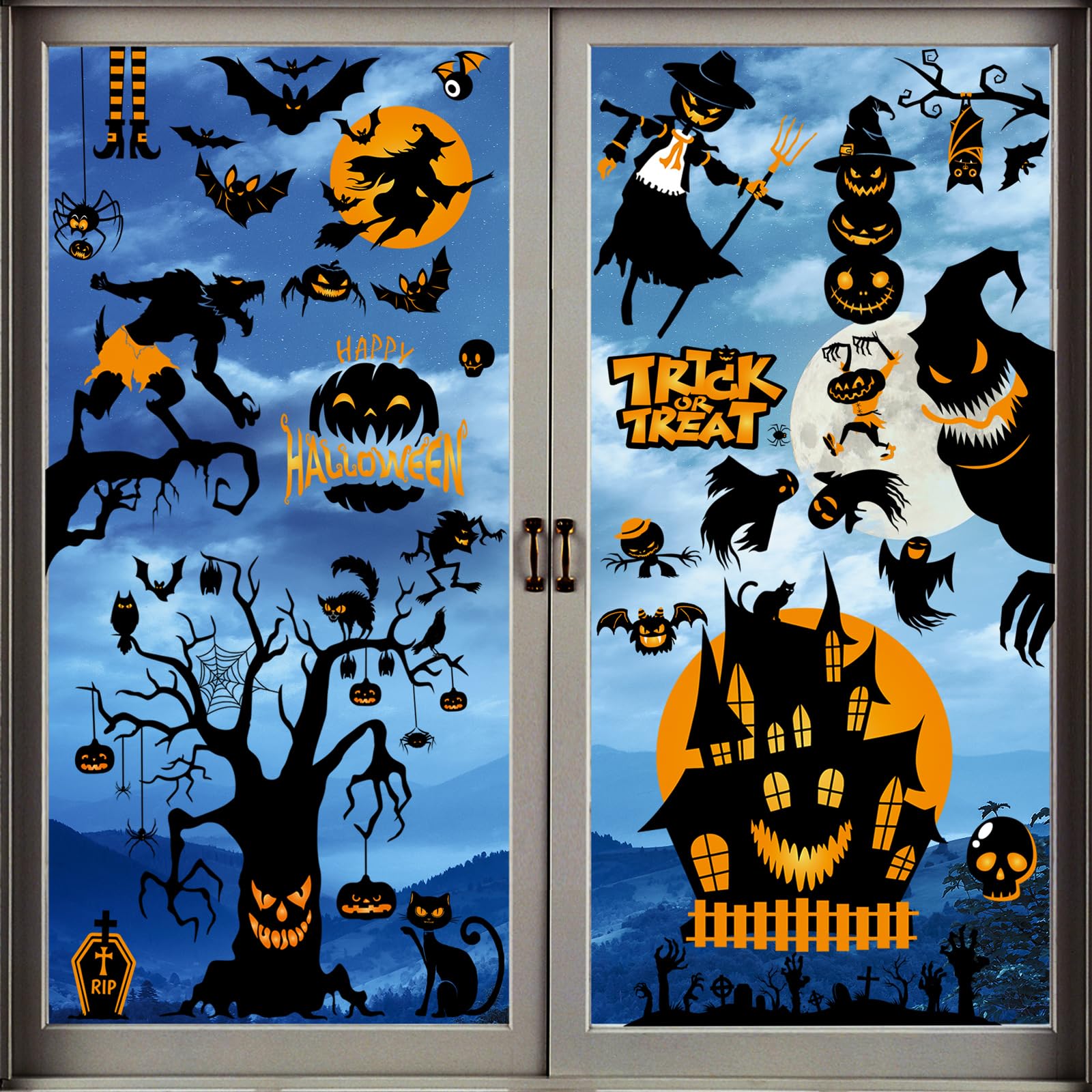 Xyxu Halloween Decorations Window Stickers, 9sheets Scary Halloween Window Stickers Clings Decorations, Wolf Bat Witch Ghost Spider Pumpkin Halloween Stickers for Window Halloween Decorations Indoor