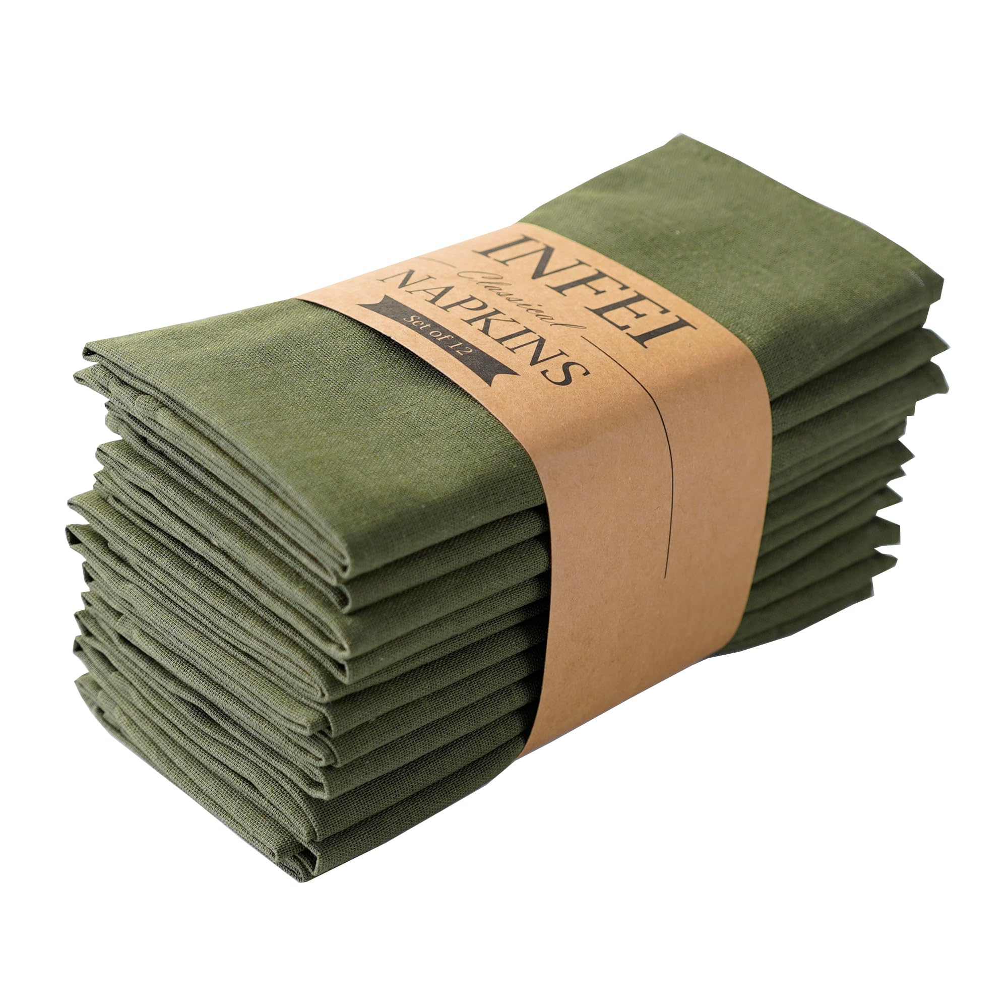 Solid Color Polyester Linen Blended Dinner Cloth Napkins - Set of 12 (40 x 40 cm) - For Events & Home Use (Army Green)