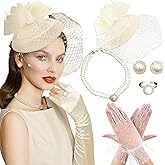 BACH AND BOUJEE Champagne Tea Party Hats for Women Lace Gloves Fascinators Hats with Veil Feather Tea Party Accessories Necklace Earrings Choker for 20s Wedding Bridal Shower