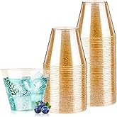 Goodluck 9 oz 50 PCS Gold Glitter Plastic Cups, Disposable Glitter Cups, Elegant Plastic Cocktail Glasses, Fancy Party Cups f