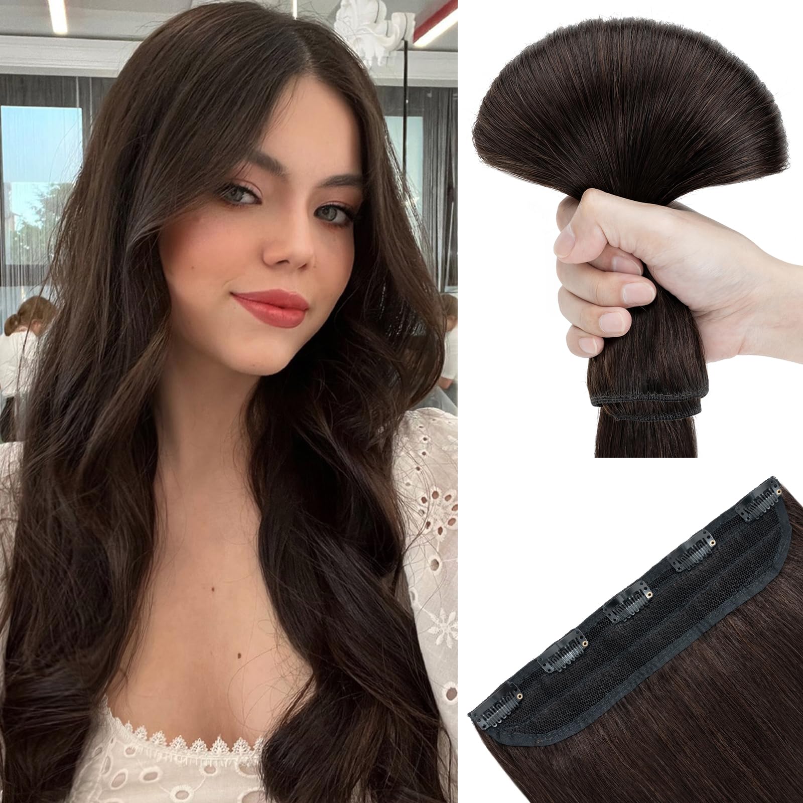 SEGOHAIR Hair Extensions Clip in Human Hair Extensions, 20" One Piece 5 Clips Thick Clip in Hair Extension - 3/4 Full Head -Darkest Brown