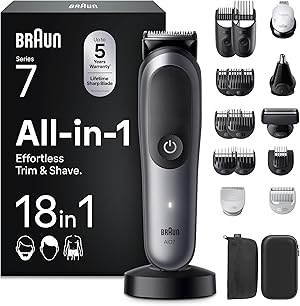 Braun All-in-One Series 7, 18-in-1 Multigroom, Barttrimmer, Nasenhaartrimmer, Haarschneidemaschine für Gesicht, Kopf und Körper, 120 Min Akku, 14 Längen (0.1–21 mm), Wasserdicht, AIO7585, Grau