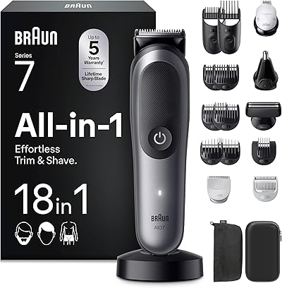 Braun All-in-One Series 7, 18-in-1 Multigroom, Barttrimmer, Nasenhaartrimmer, Haarschneidemaschine für Gesicht, Kopf und Körper, 120 Min Akku, 14 Längen (0.1–21 mm), Wasserdicht, AIO7585, Grau