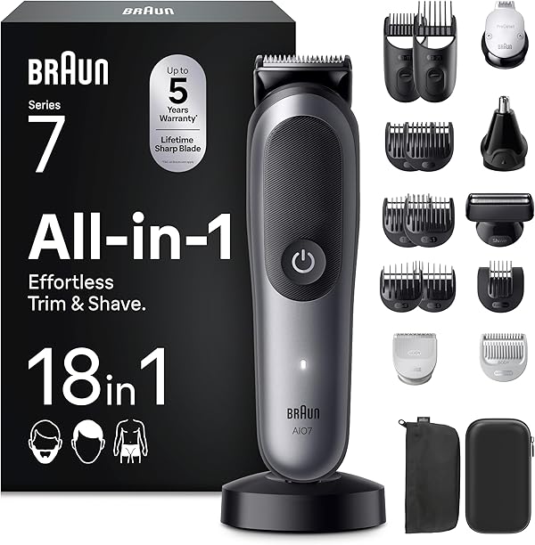 Braun All-in-One Series 7, 18-in-1 Multigroom, Barttrimmer, Nasenhaartrimmer, Haarschneidemaschine für Gesicht, Kopf und Körper, 120 Min Akku, 14 Längen (0.1–21 mm), Wasserdicht, AIO7585, Grau