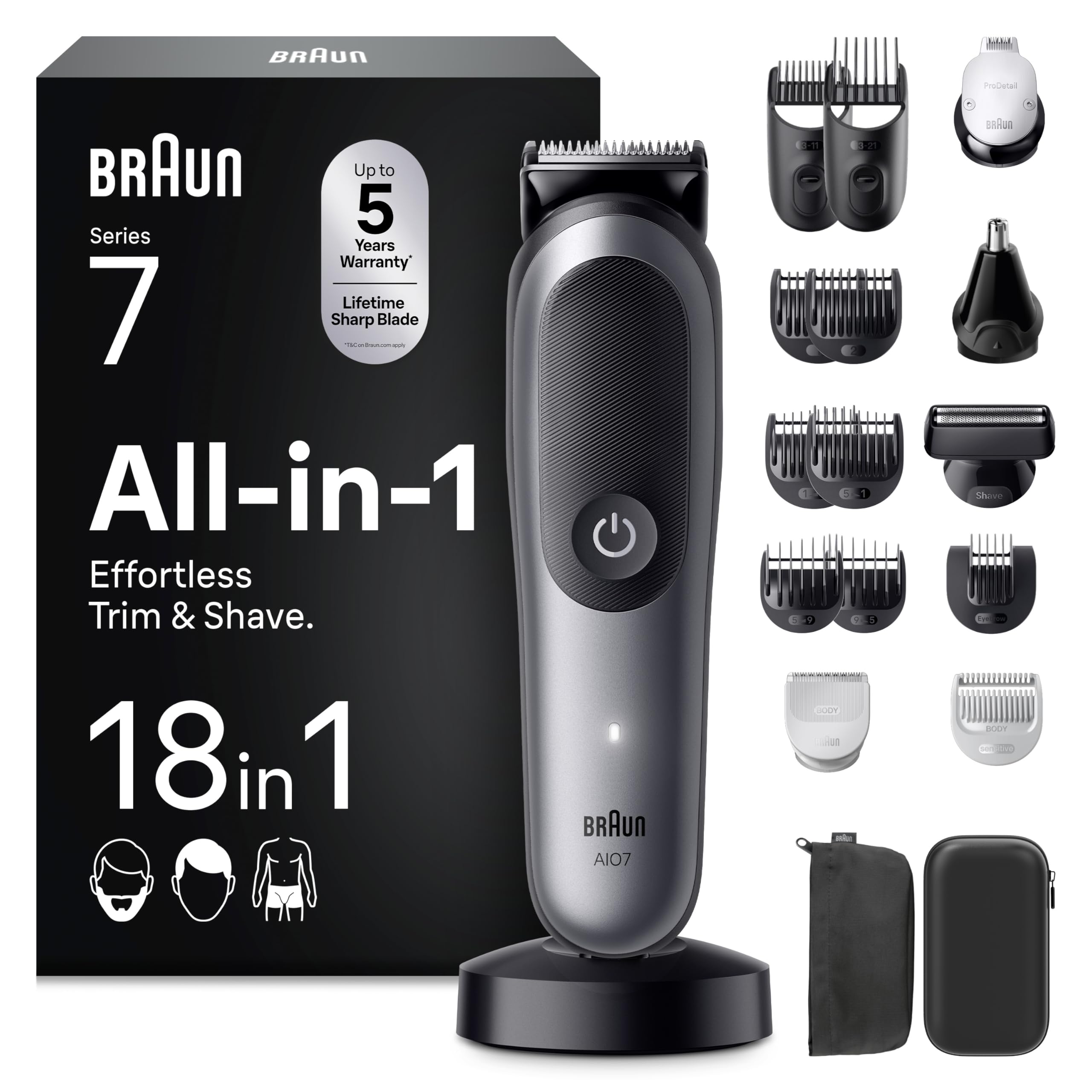 Braun Rifinitore All-in-One Series 7 18in1, ProBlade, AutoSense, AIO7585, Grigio