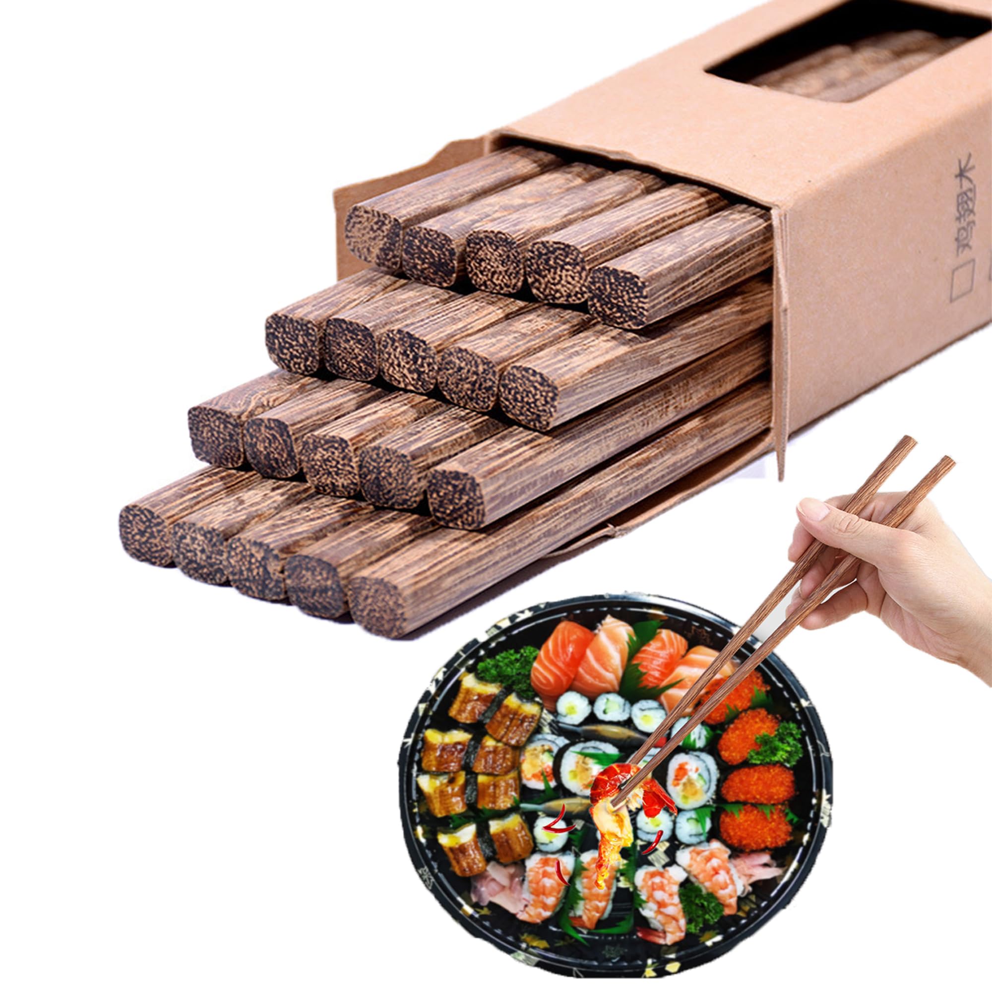 YUEMING 10 Pairs Chopsticks, Japanese Natural Wood Chopsticks, Chinese Chop Sticks, Reusable Chopsticks for Sushi, Noodle, Rice, Ramen