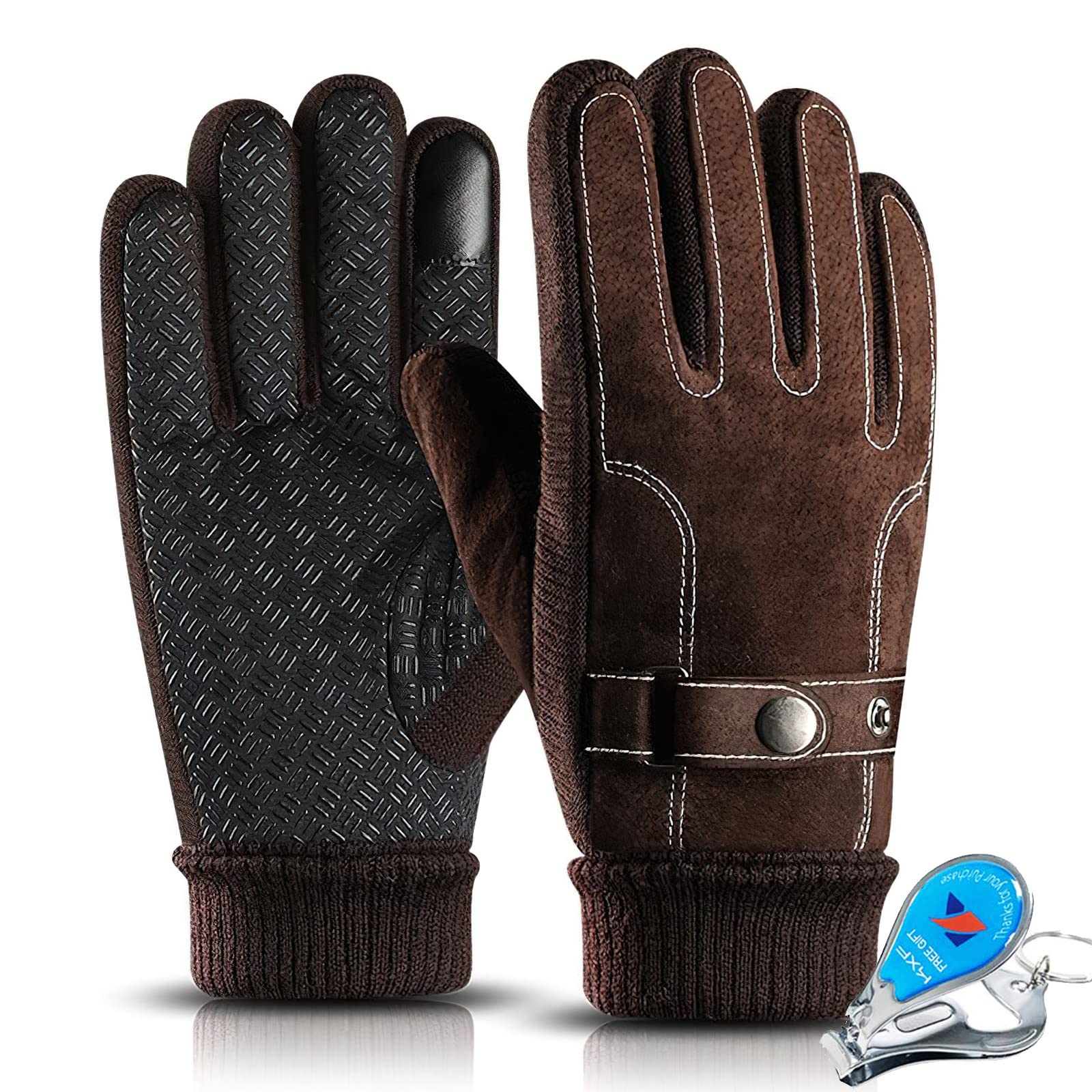 LassZone Mens Winter Gloves Thick Fleece Lined Leather Gloves Windproof Touchscreen Glove Cold-Resistant Thermal Mittens for Running Driving Cycling Hiking