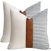 Set of 2 Farmhouse Decor Stripe Patchwork Linen Throw Pillow Covers,Modern Dark Brown Faux Leather Accent Pillow Covers 18x18 inch,Navy Blue