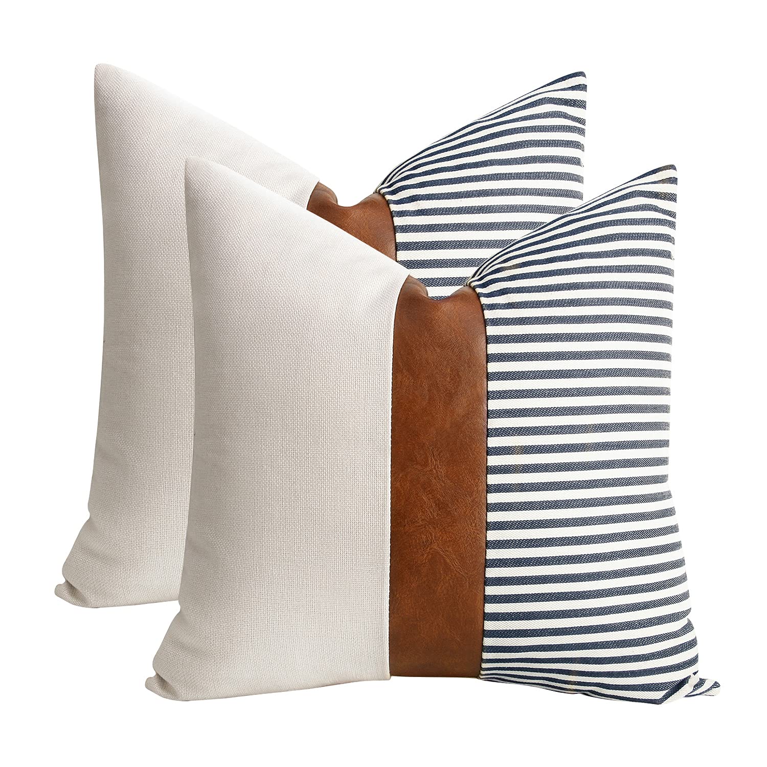 Photo 1 of cygnus 16x16 inch Pillow Covers Set of 2 Farmhouse Decor Stripe Patchwork Linen Throw Pillow Covers Modern Faux Leather Covers for Couch Sofa,Navy Blue