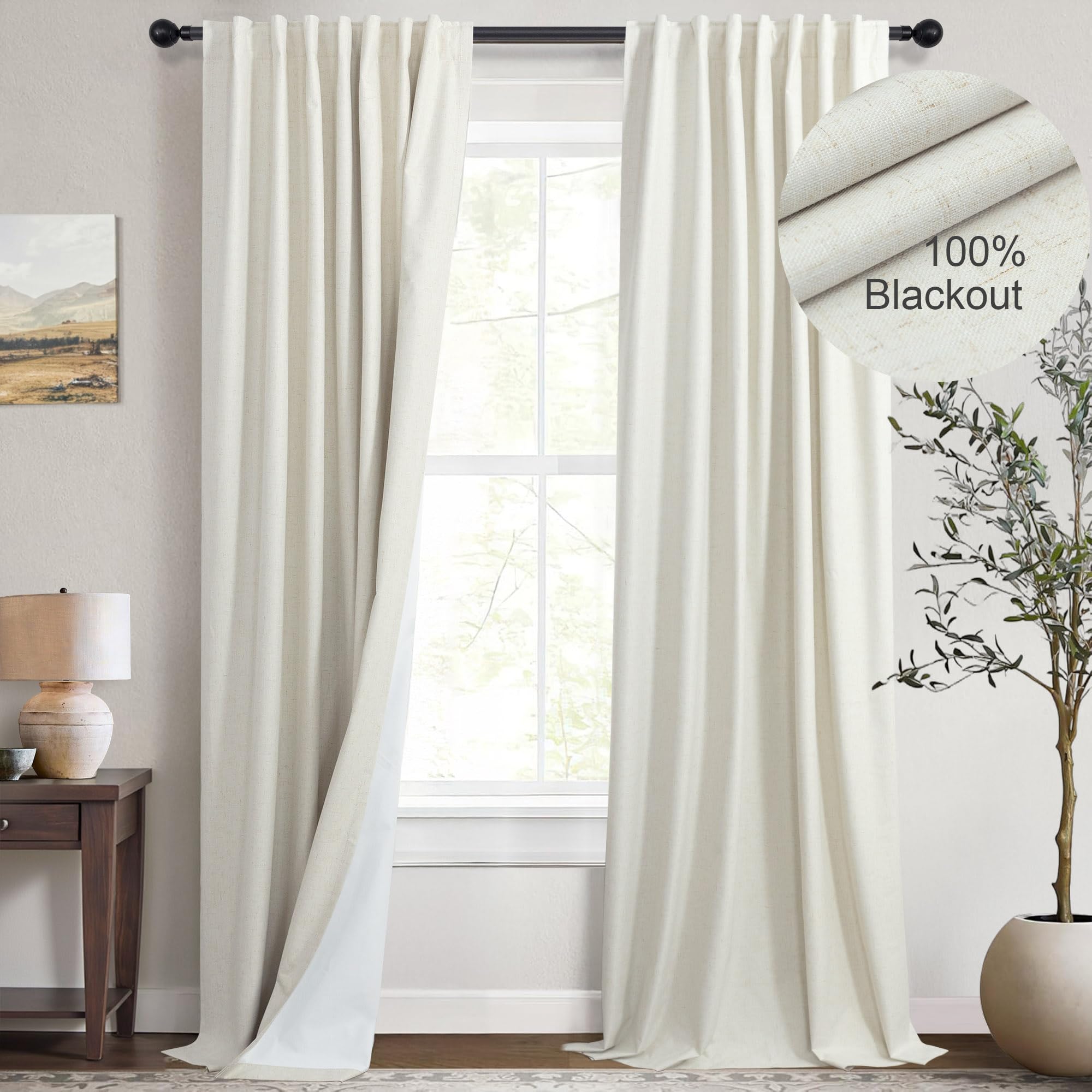 Photo 1 of Cream Linen Blend Blackout Curtains 84 Inch Long 2 Panel Back Tab Thermal Insulated Light Blocking Curtain for Living Room Black Out Drape for Bedroom Neutral Rustic Farmhouse 52x84 Length Ivory White