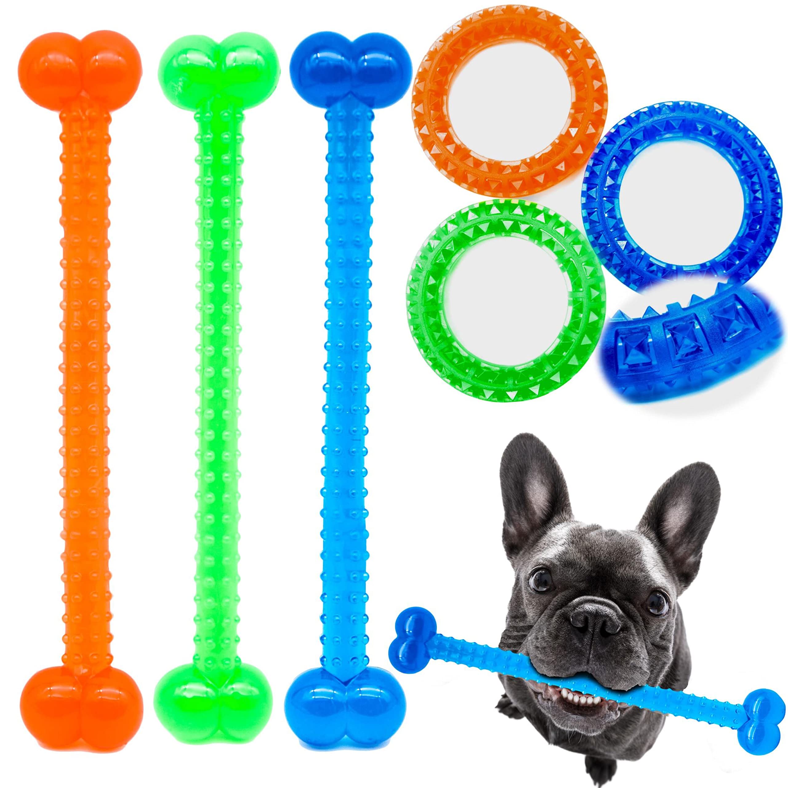2 x Dog Chew Toy | Rubber Knobbly Dog Chew Bone Ring | Durable Dog Bones Pet Chew Tooth Cleaning Ring Toy | Puppy Toys Medium Dog Stuff | Flexible Dog Chews (Assorted (Pack of 2), Bone+Ring)